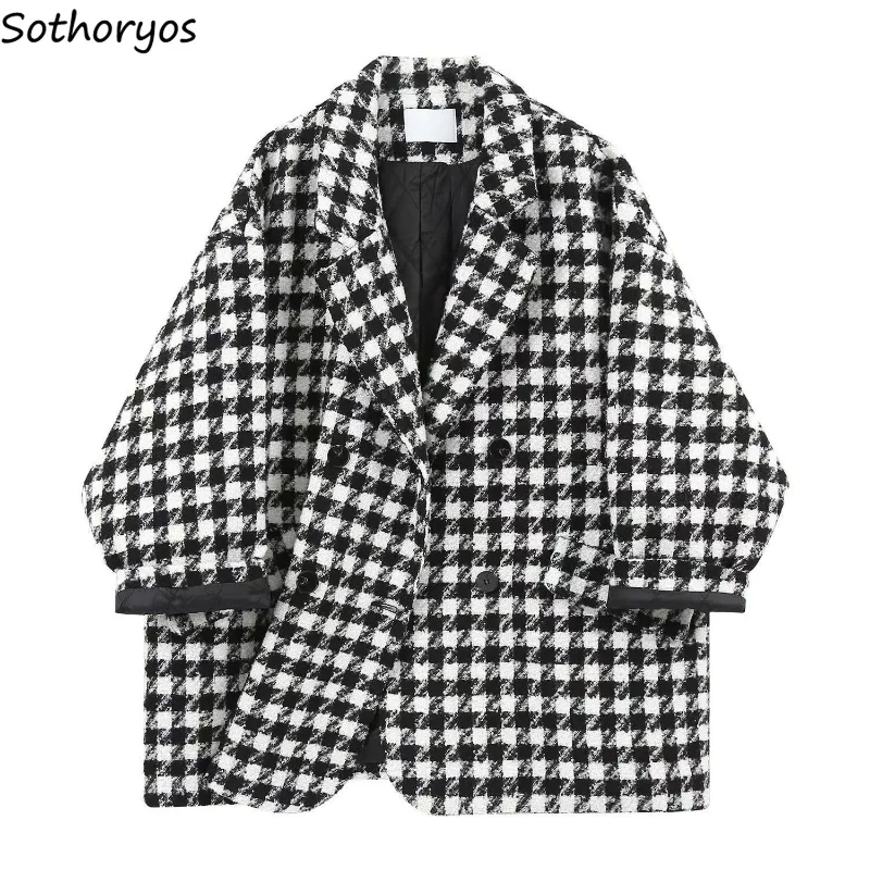 

Basic Blends Women Thicken Warm Winter Loose L-4XL Coat Streetwear Simple Vintage Plaid Design Office Ladies Temperament Trendy