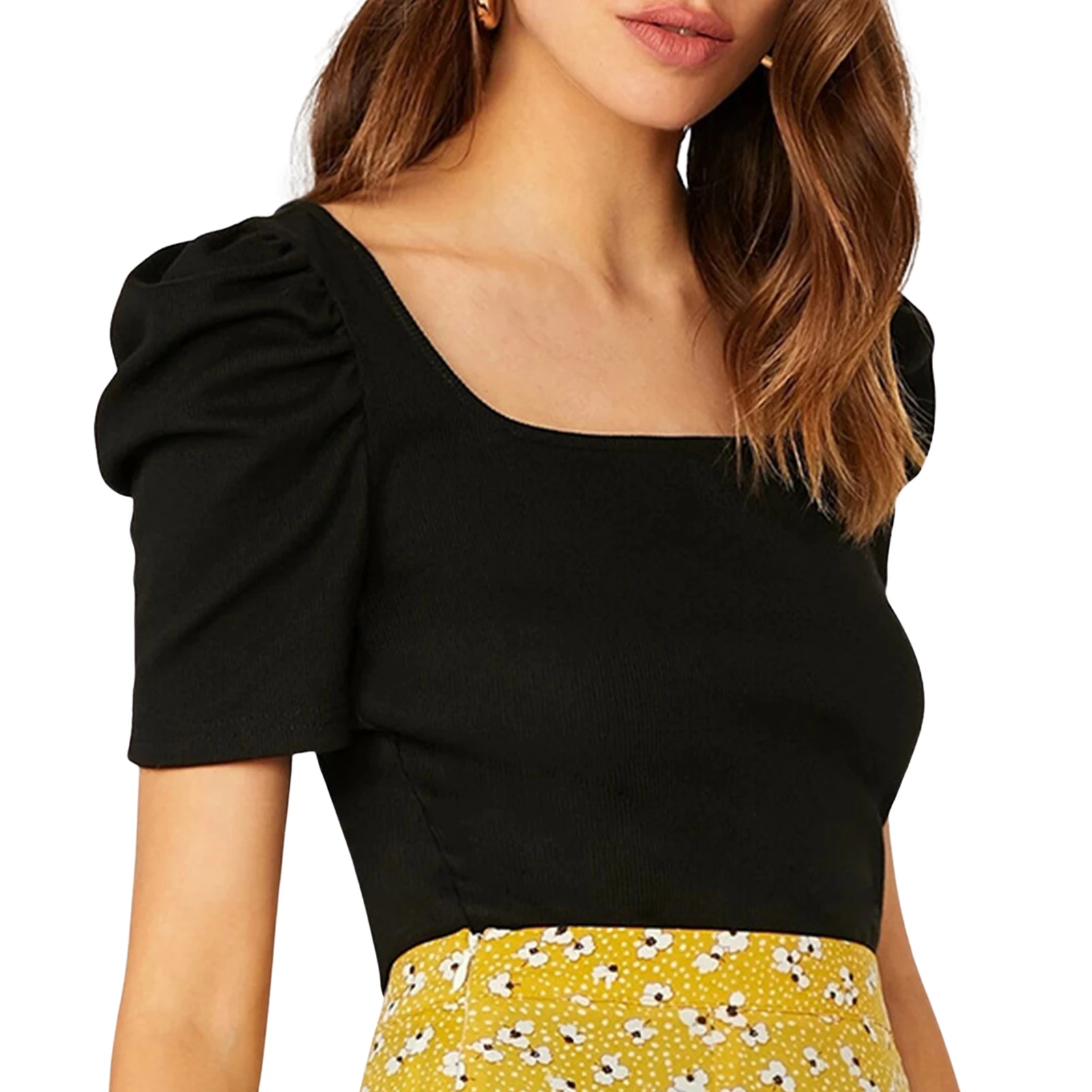 

Short Puff-Sleeve Square Neck Top Women's Rib Knit Top Women's Elegant Puff Sleeve Slim Fitted T-Shirt