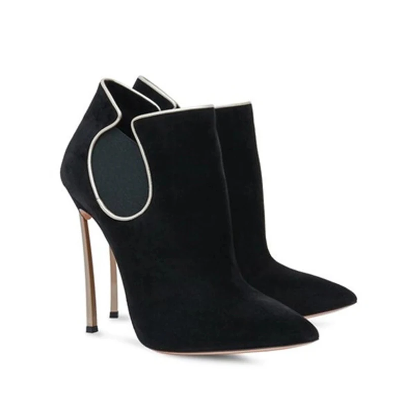 

Ботильоны женские замшевые с острым носком, лаконичные эластичные Полусапожки без застежек, на высоком металлическом каблуке, черные синие