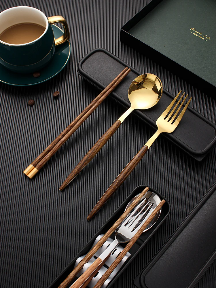 

Tableware Wooden Chopsticks Stainless Steel Spoon And Fork Set With Storage Box Portable Golden Three-piece Outdoor
