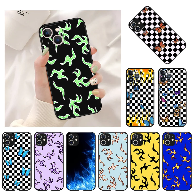 

Phone Case For iPhone 13 11 12 Pro Max Mini XR XS SE X 8 7 6 6s Plus Blue Red Flame Fire Shockproof Bumper Butterfly Black Cover