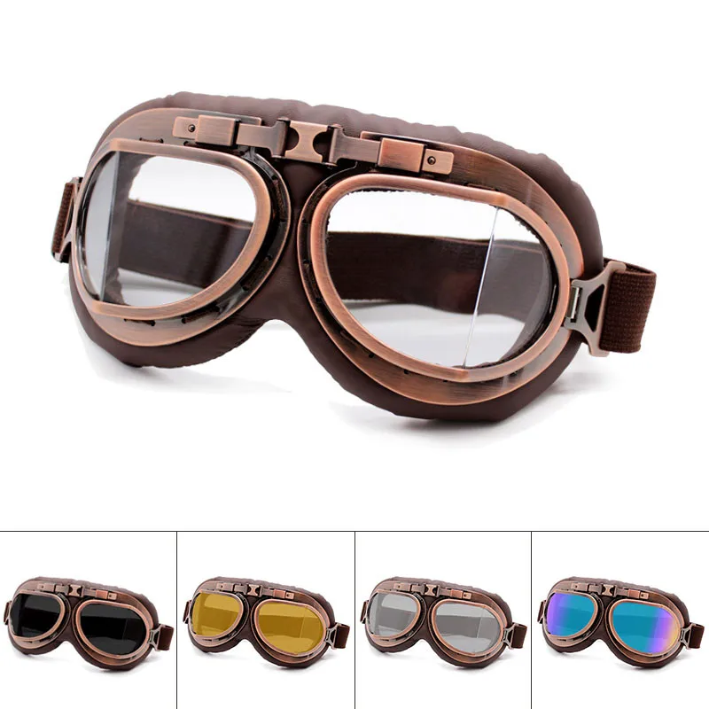 

Motorcycle Goggles leather Pilot Steampunk Vintage Sunglasses Glasses Motorbike Biker Scooter Cruiser Jet Helmet Cycling Retro