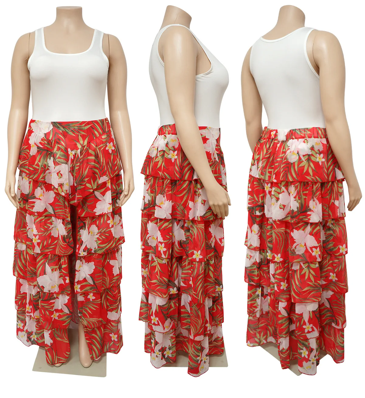 Plus Size Two Piece Set Sleeveless Top Floral Ruffle Skirt Female Luxury Party Dress Korean Style Outfit 2023 Summer Casual Sets