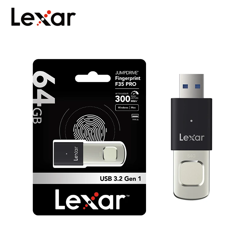 Фото Флеш-накопитель Lexar JumpDrive F35 PRO с функцией распознавания отпечатков пальцев, USB 3.2 Gen1, скорость 400 МБ/с, безопасное шифрование, 64 ГБ, 128 ГБ, 256 ГБ, портативный, для ПК и ноутбуков №1