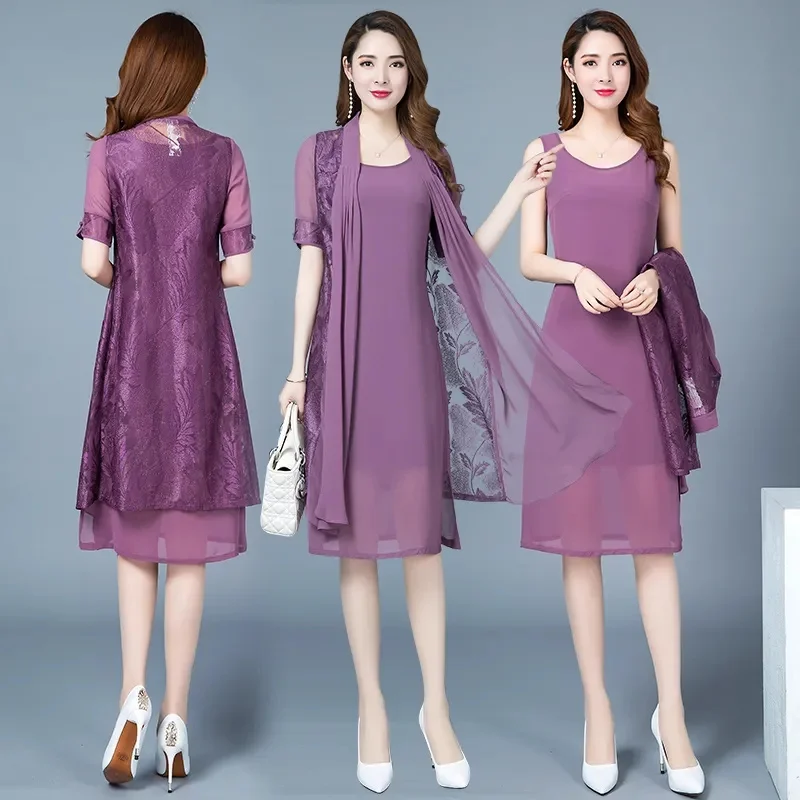 

Шифоновое платье из двух частей для мамы среднего возраста 2023 модный и просторный костюм Xia Xin выше колена с юбкой тренд M1007