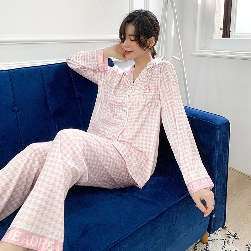 Silk Houndstooth Women's Pajamas Satin Sleepwear Autumn Pijamas Elegant Pyjamas Luxury Loungewear Long Sleeve Female Set