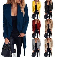 2022 autumn and winter new fashion bandage lapel solid color woolen coat womens clothing