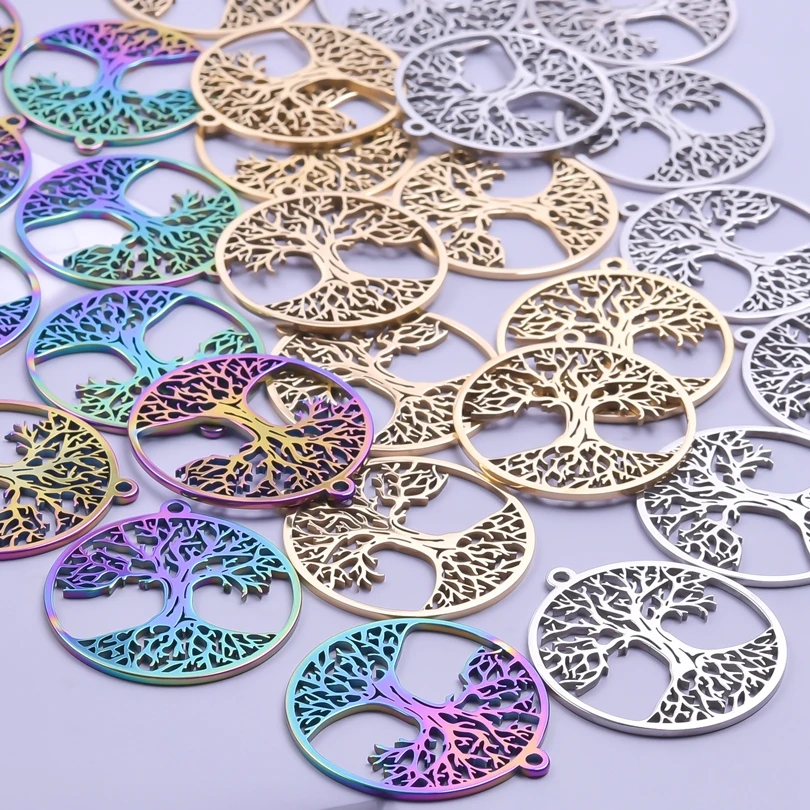 

50X Round Tree of Life Mix Three Color No fade Pendants Diy Necklace Stainless Steel Charms for Jewelry Making Bulk Accessories