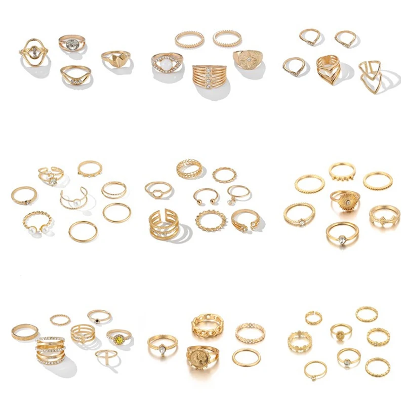 Personality Tassel Moon Gold Color Rings Sets Crystal Stone Pearl Inlaid Heart Geometric Opening Ring Boho Jewelry for Women |