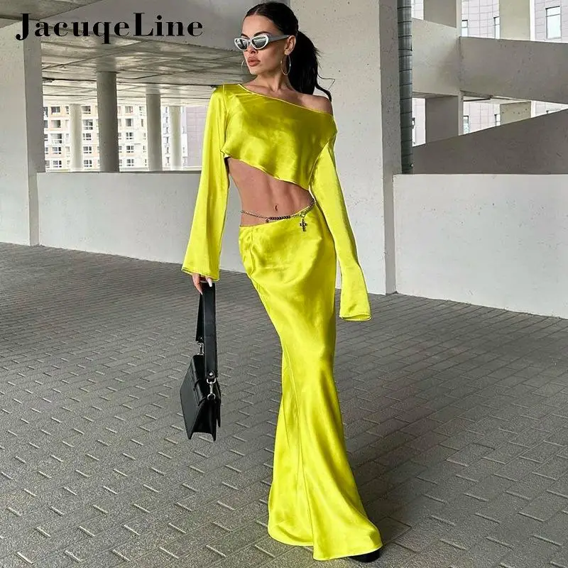 

Jacuqeline Solid Elegant Satin Maxi Dress Set Women Party Long Sleeve Crop Tops and Low Waist Slim Long Skirts Matching Set 2023