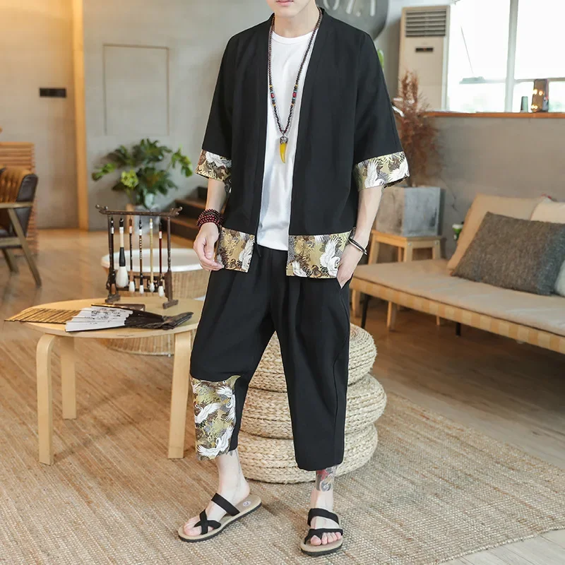 Vintage Chinese Style Men's Loose Fit Casual Jacquard Tang Suit Trendy Cotton Linen Two-piece Short Sleeves