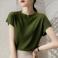 summer new light and breathable knitted short sleeved womens round neck simple bright silk loose and thin ice silk top