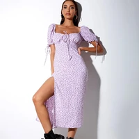 tinal 2022 summer new womens backless split long dress sexy square neck tie short sleeve floral vestidos female clothing