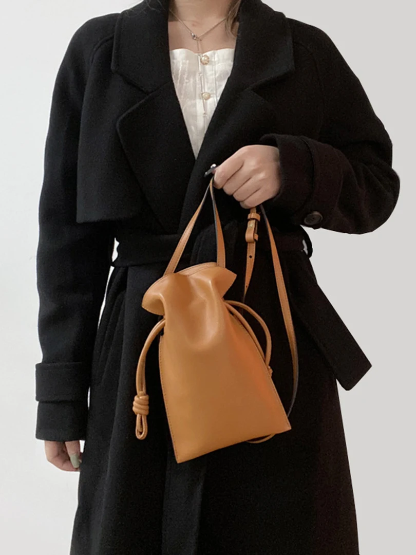 

Drawstring Bucket Bag One Shoulder Crossbody Bags Small Cowhide Leather Women's Bolsa Fashion Simple Lucky Female Borsetta