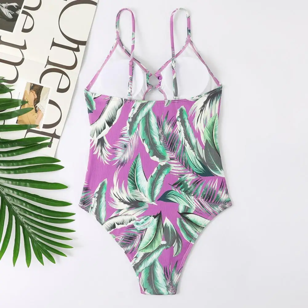 

Stylish Adjustable Straps Leaf Print Monokini Romper Swimsuit Floral Print High Waist