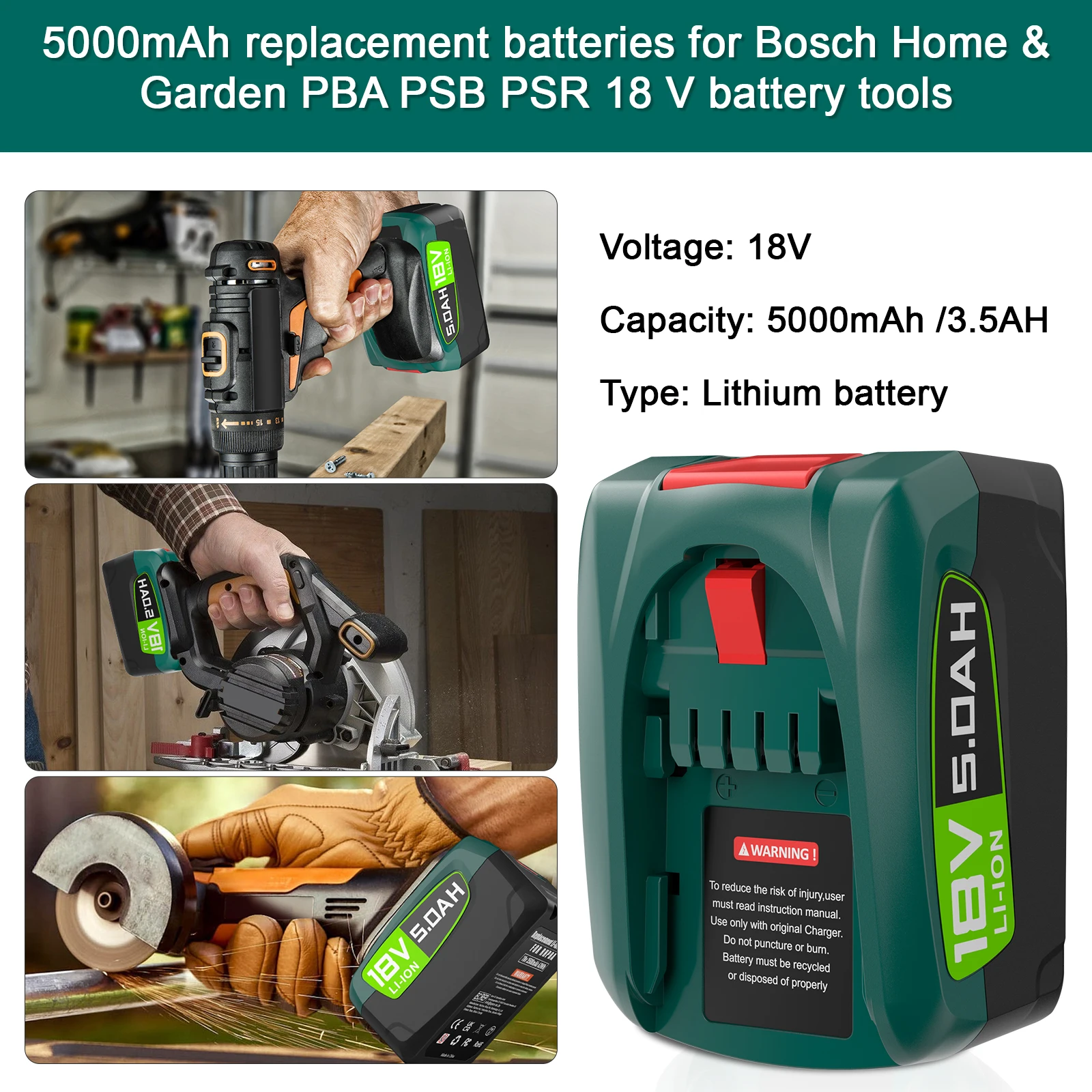 Фото Для Bosch 18 В 3,5/5,0 Ач литий-ионный сменный аккумулятор для инструментов PBA PST PSB PSR Bosch домашние садовые инструменты AL1810CV AL1815CV №5