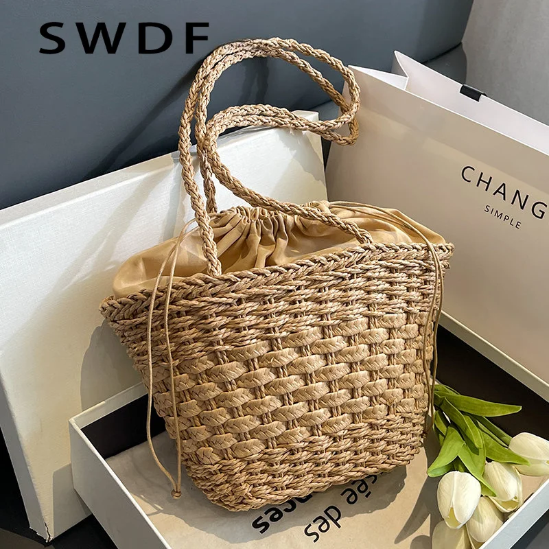 

SWDF Summer Women Weave Straw Tote Bag 2023 New In Travel Beach Bags Handmade Lady Rattan Bucket Shoulder Side Handbags Satchel