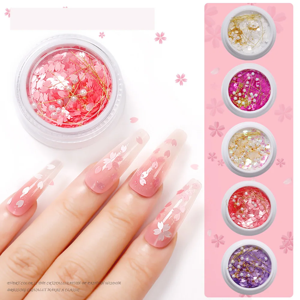 

1 Box Cherry Blossom Sequins Nail Art Ultra Thin Glitter Shiny Heart Pearls Gold Thread Flakes 3D Nails Paillette Manicure