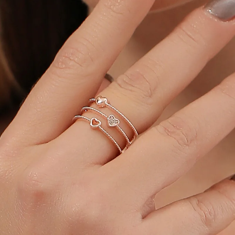 

Simple Hollow Out Open Crystal Heart Ring Women 3 Layer Geometric Copper Index Finger Rings Wedding Party Lover's Gift Jewelry