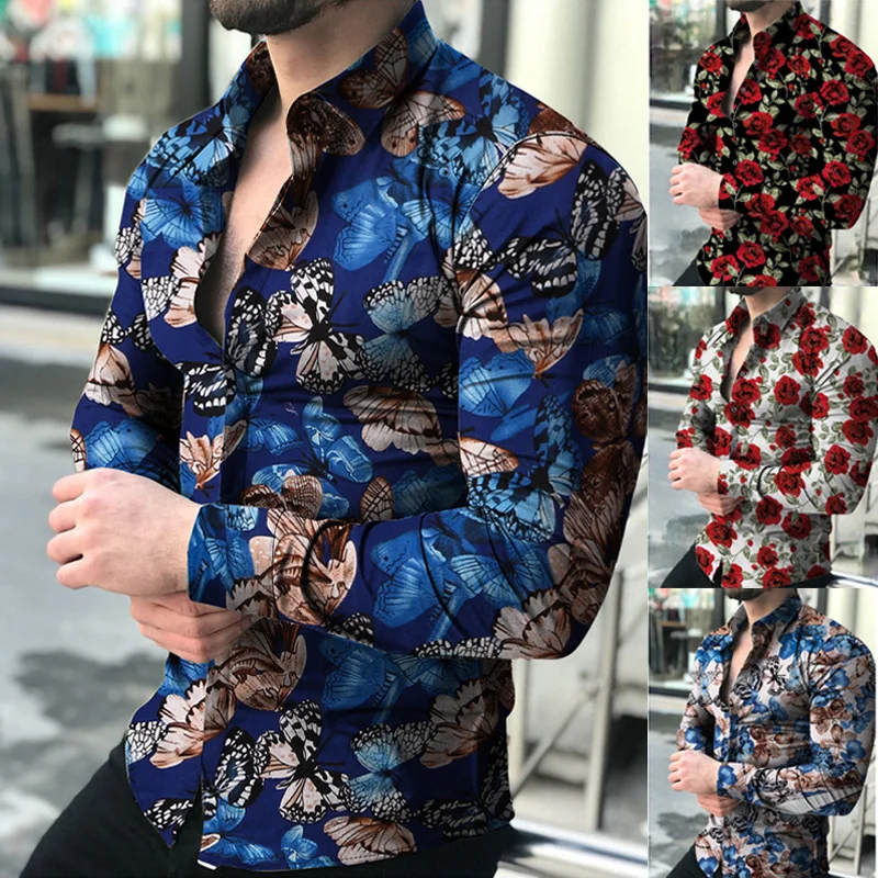 3d Loose Fashion Flower Digital Printing Long Sleeve Men's Shirt
