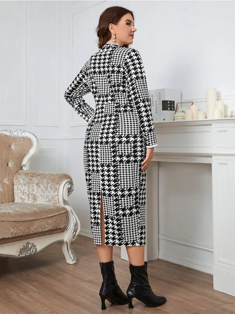 Front zipper dress with tight fit, waist shrink, large size, buttock length, high-end and sensational plaid plus size dresses