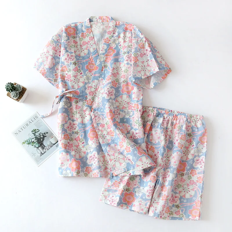 

197 Cotton Pijama Women Homewear Flower Print Short Tops Kimono Shorts Casual Sleepwear Shirts Summer Pajama Loose Pajamas Set