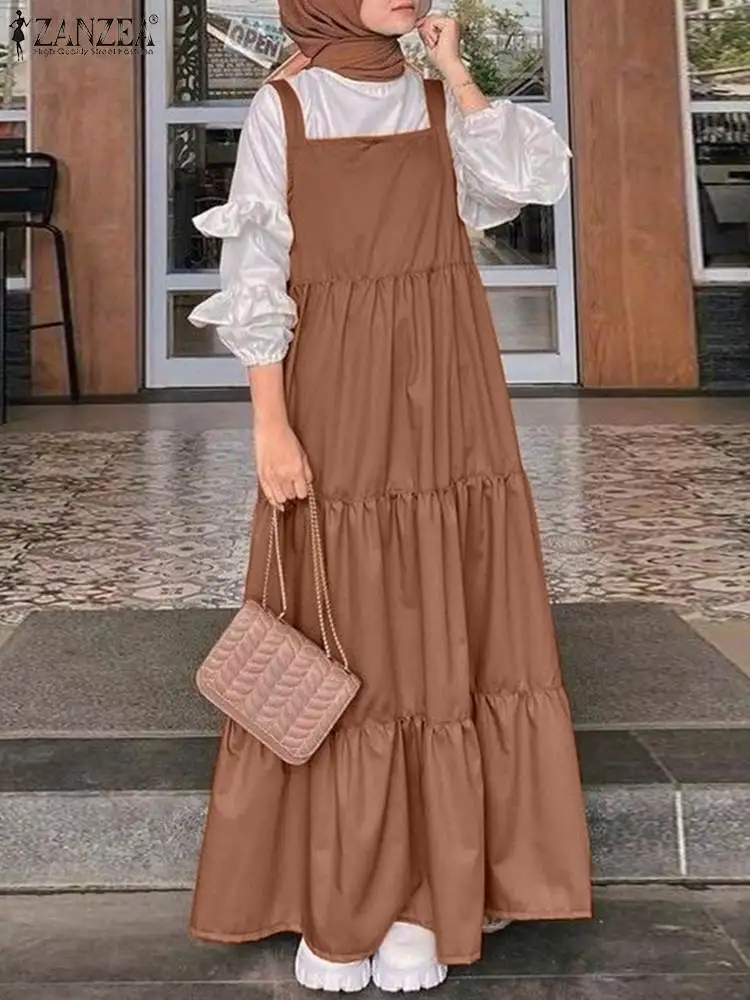 

ZANZEA Fashion Elegant Casual Holiday Turkey Long Robe Women Straps Muslim Dress Sleeveless Solid Color Maxi Vestidos Female
