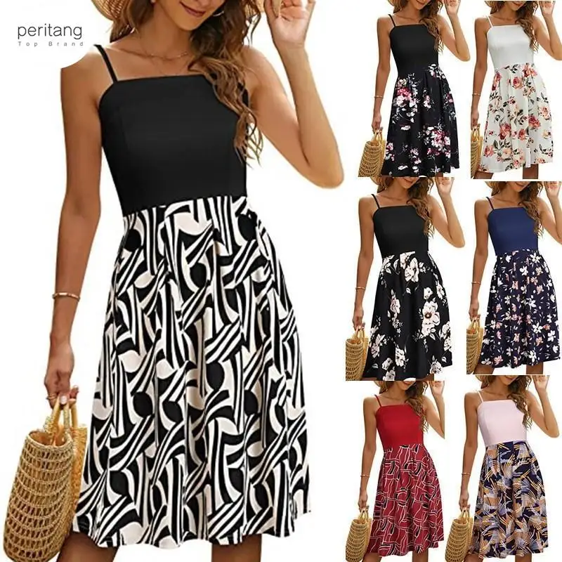 

Vintage Midi Womens Spaghetti Strap Summer Fasion Flroal Printed Stitching Mid-waist Waist Sling Princess Female robe Dress