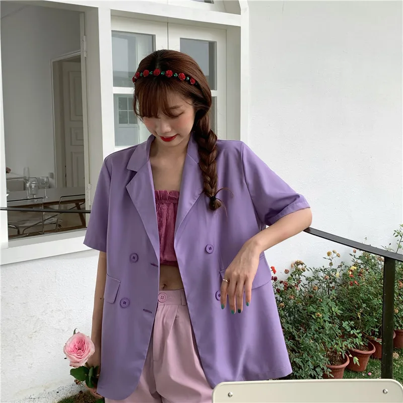 Spring Summer Korean Fashion Chic Casual Blazer Women Cute Streetwear Commute Short Sleeve Blazer Preppy Style Clothes Work Wear