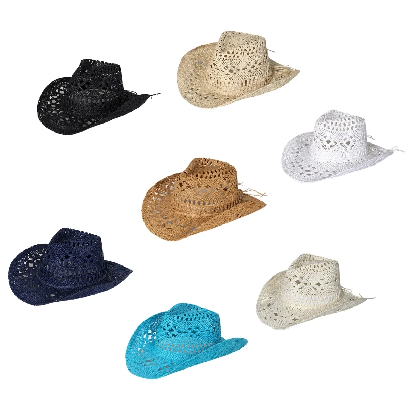 Crochet Women Straw Weaving Cowgirl Hat Wide Brim Hollow Hat for Photoshoot