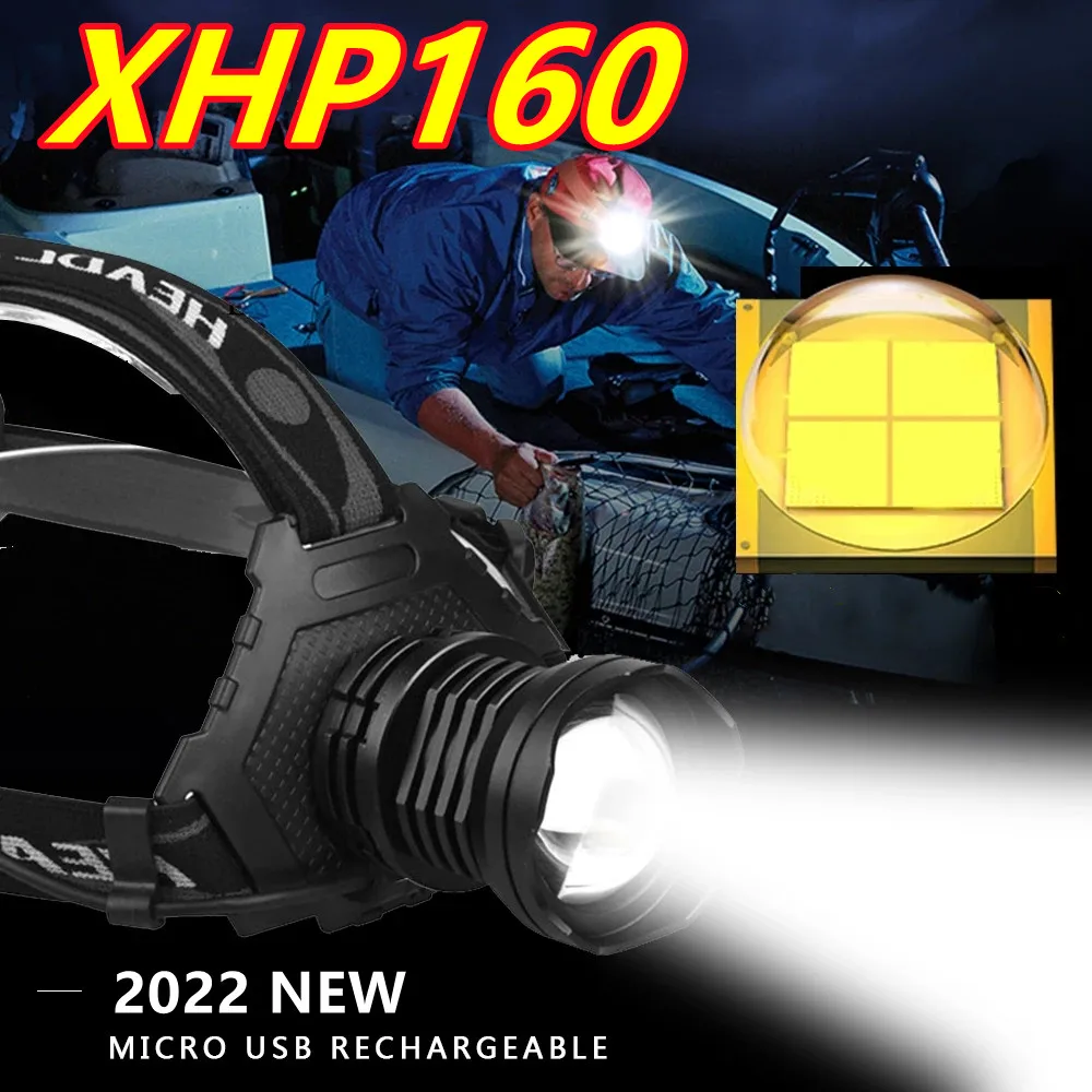 

2022 NEW XHP160 High Powerful Headlamp Flashlight Head Torch LED USB Headlight 18650 Rechargeable Fishing Lantern Head Light