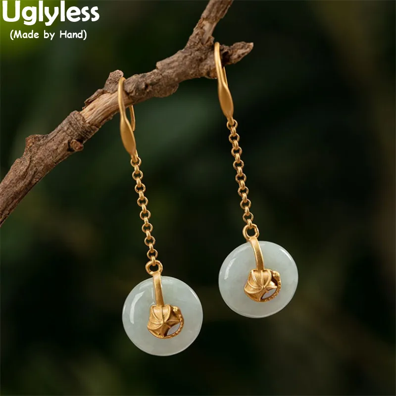 

Uglyless Peace Buttons Jadeite Blood Amber Earrings for Women Lotus Leaf Dangle Earrings 925 Silver Brincos Ethnic Retro Jewelry