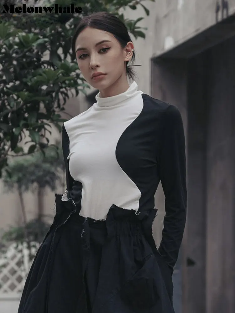 

MelonWhale Women Irregular Brief T-shirt Black Color-block New Turtleneck Long Sleeve Fashion Treetwear Autumn Winter 2022 M168