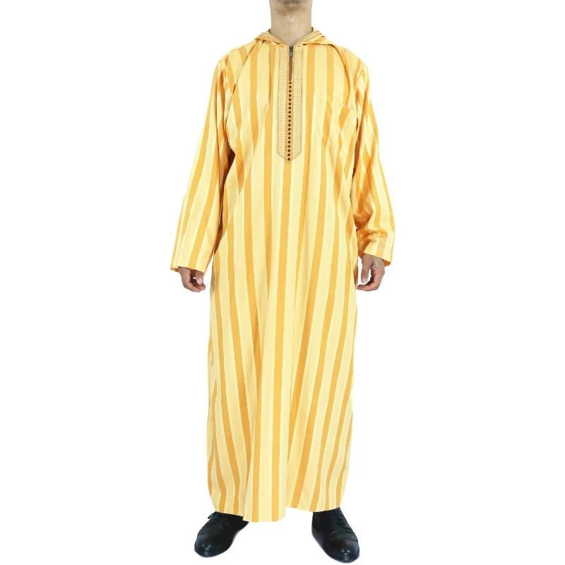 2022 New Muslim Men'S Long-Sleeved Cotton And Linen Striped Hooded Breathable Loose Dubai Saudi Arabia Robe Clothing Ropa Arabe