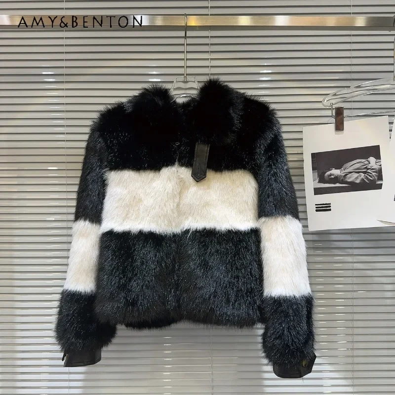 

2023 Winter New Fashion Socialite Black And White Contrast Color Fur Hot Girl Faux Furry Coat Top Jackets For Women's Clothing