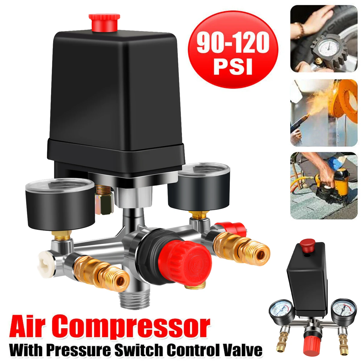 

Air Pressure Regulator Air Compressor Pressure Switch Control Air Pump 90-120PSI w/ Gauges Quick Connector Compressor Air Filter
