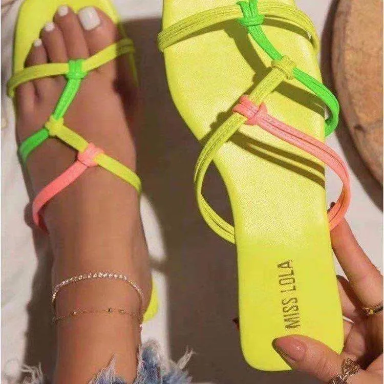 

New Summer Slippers Thin Low Heels Slides Fashion Narrow Band Square Toe Sandal Shoes Ladies Elegant Flip Flops