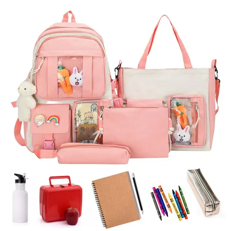 

Kawaii Backpack Set Set Of 4 Aesthetic Backpack Set For School Shoulder Bag Pencil Bag Waist Bag Set With Cute Pins And Pendants