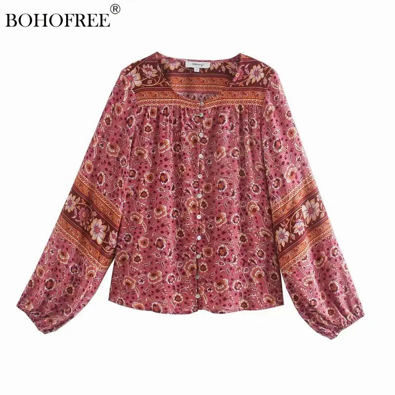 

Винтажная шикарная Этническая фольклорная блузка на пуговицах с длинным рукавом и цветочным принтом, богемные женские рубашки, женские блузы в стиле бохо, топы