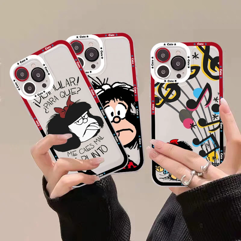 

mafalda Girl Phone Case For iPhone 14 13 12 11 Pro Max Mini X Xs XR 6 7 8 Plus SE 2020 Transparent Case