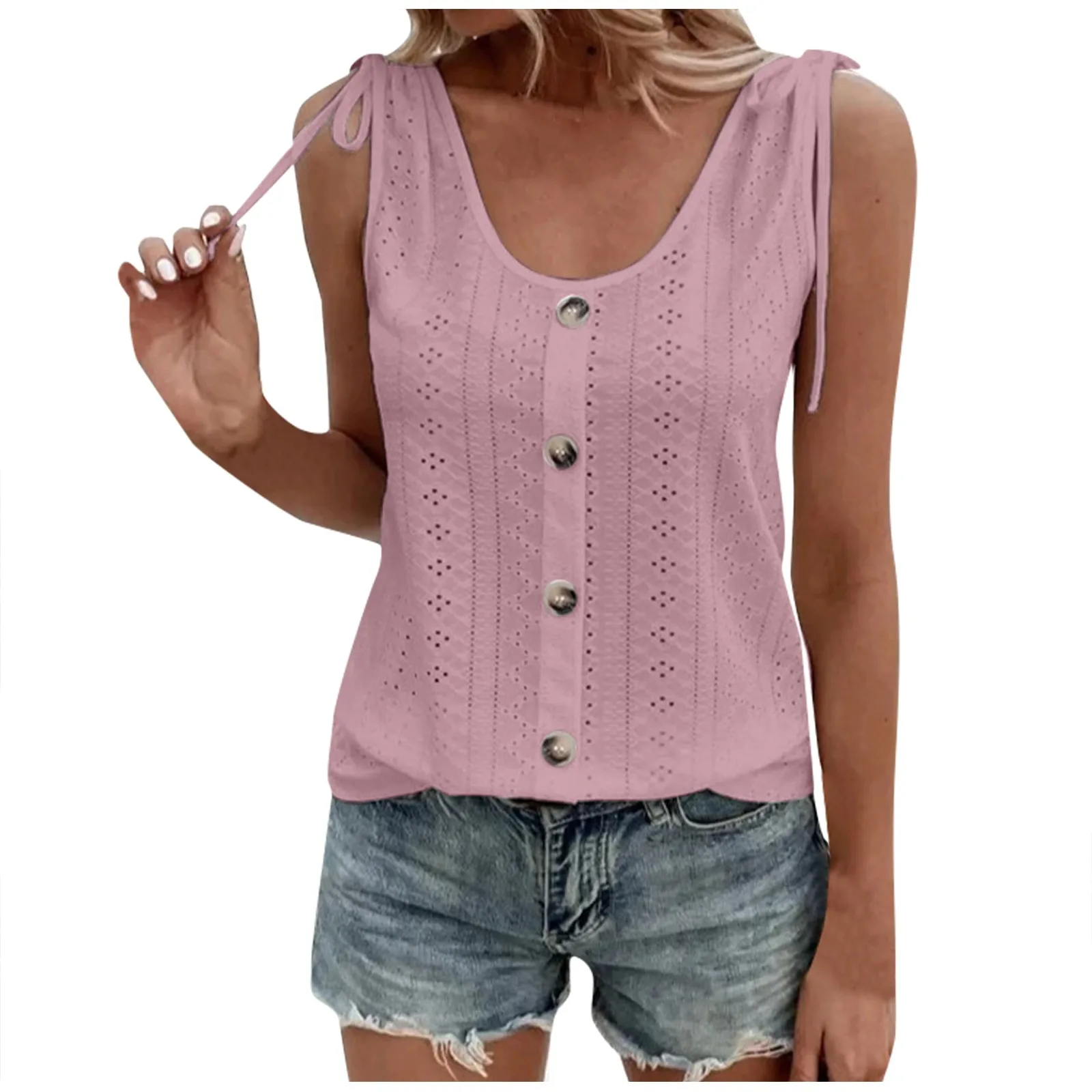 

Women Fashion Summer Sleeveless Tops U Neck Hollow Out Tunic Vest Buttons Tops crop top women майка женская топ женский 2023