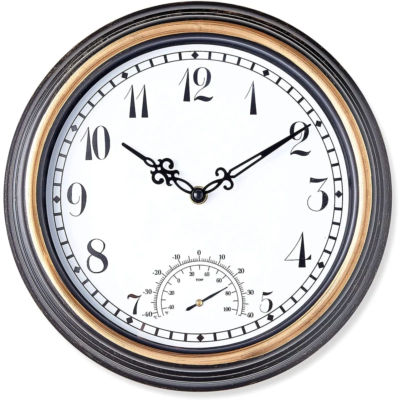 

Черные наружные 12-дюймовые круглые Настенные часы с термометром, погодостойкие для внутреннего дворика, бассейна, сада