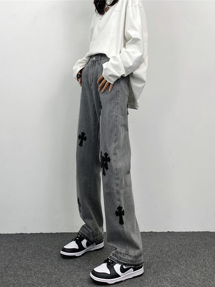 Four Seasons Men's Jeans Ins American Embroidery Straight Loose Casual Jeans Men's and Women's Trousers Y2k Pants Ins Hot Sale