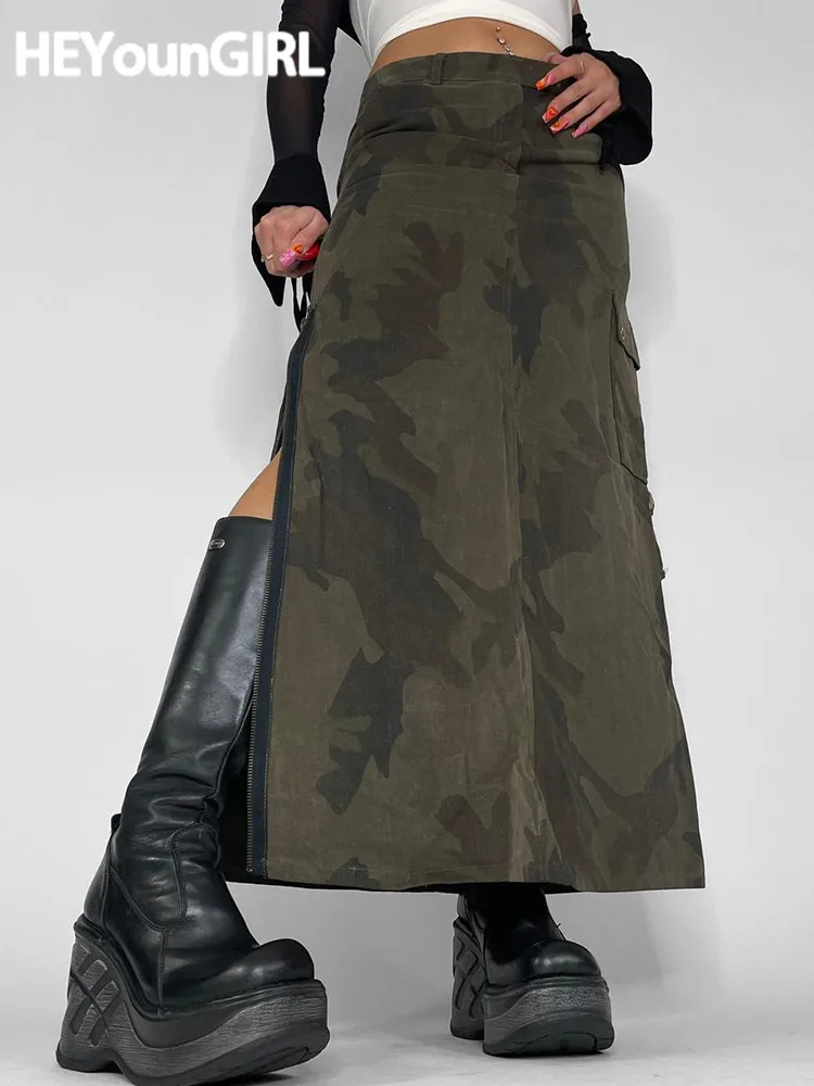 

Камуфляжная Женская длинная юбка-карго HEYounGIRL с разрезом, на молнии, гранж, Fairycore, макси-юбка в стиле Харадзюку, Повседневная Уличная одежда Y2K...