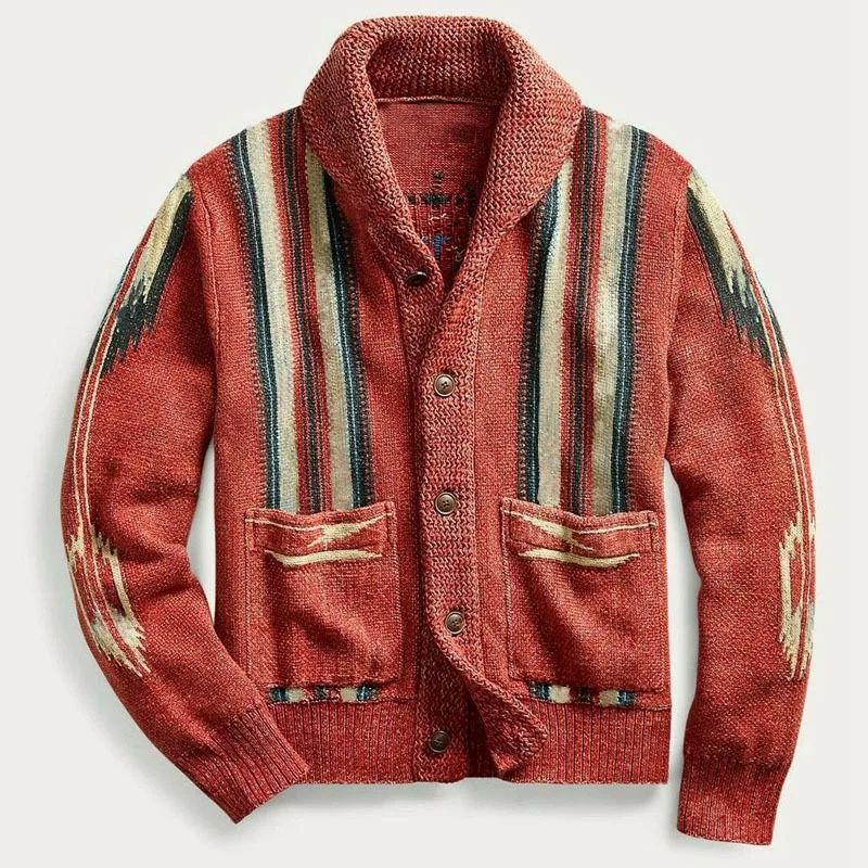 

Autumn and winter new style men's clothing Europe and America retro jacquard sleeve lapel sweater coat