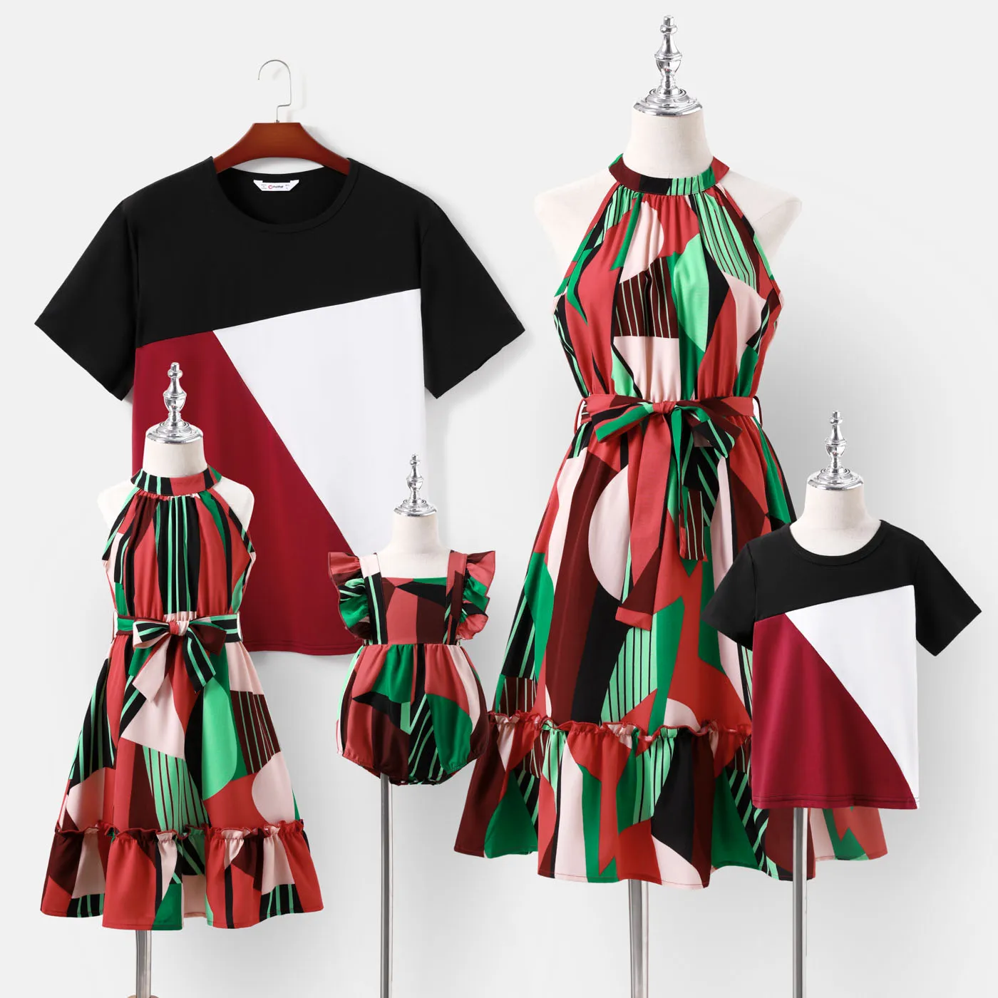 

PatPat Family Matching Allover Geo Print Halter Belted Dresses and Short-sleeve Colorblock T-shirts Sets