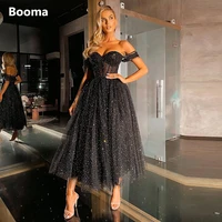 booma black off the shoulder prom dresses sweetheart boning midi prom gowns illusion bodice tea length formal party dresses