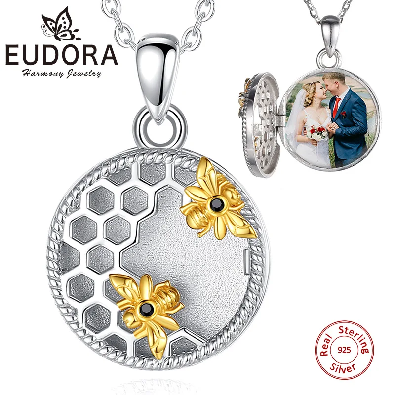 

EUDORA 925 серебро пчела дизайн соты кулон-фоторамка очарование открывающийся медальон ожерелья для женщин мужчин Мемориал ювелирные изделия