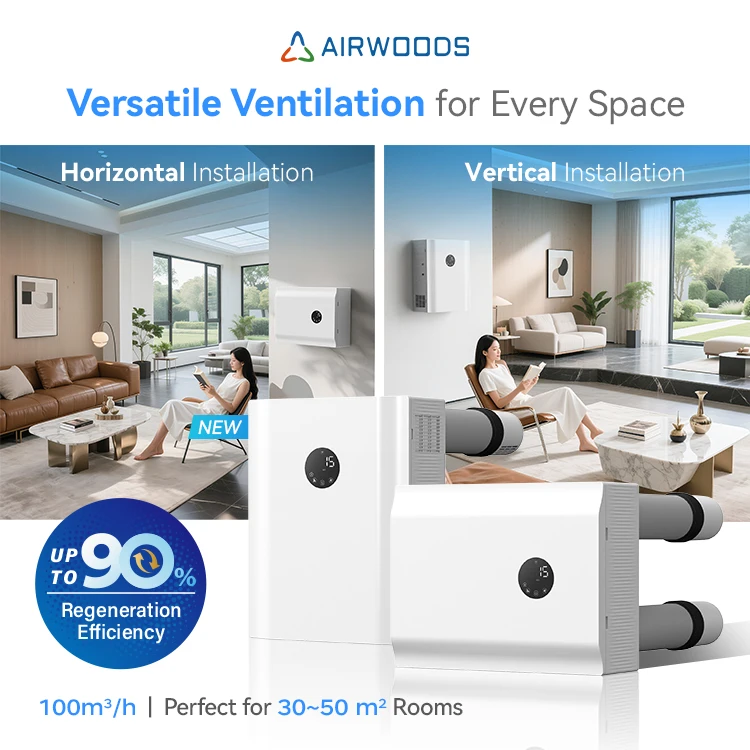 Фото Система вентиляции с рекуперацией тепла Airwoods Eco Flex ERV с фильтром F7, управлением по Wi-Fi, высокой эффективностью и современным дизайном для использования в отелях. №1
