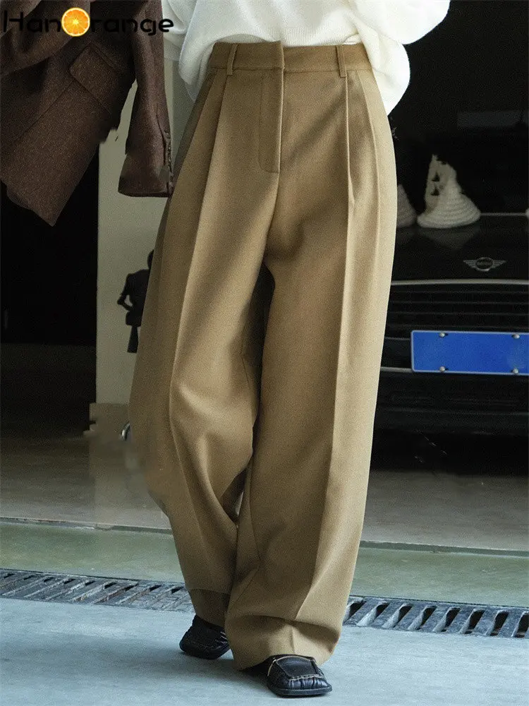 HanOrange 2022 Autumn Winter Simple High Waist Double Pleated Wide Leg Pants Women Loose Casual Trousers Female White/Brown